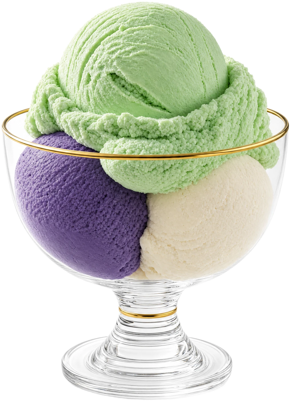Gold-rimmed glass of pandan, ube, and White Rabbit scoops